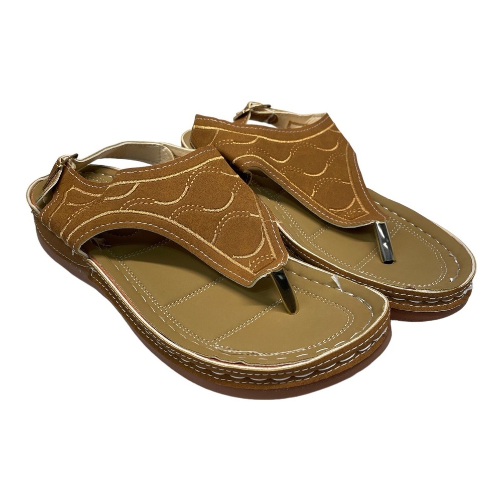 Women's‎ 8.5 -40 Brown Embroidered Thong Sandals W/adjustable Straps
